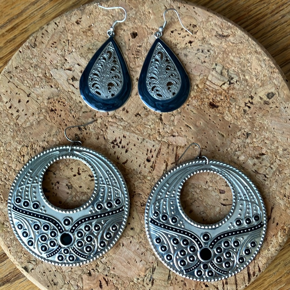 Boho earrings round & teardrop bundle set of two pairs Silver metal Dangle large